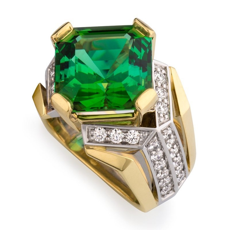 Deco Asscher Cut Green Tourmaline And Diamond Green Gold And Platinum Ring